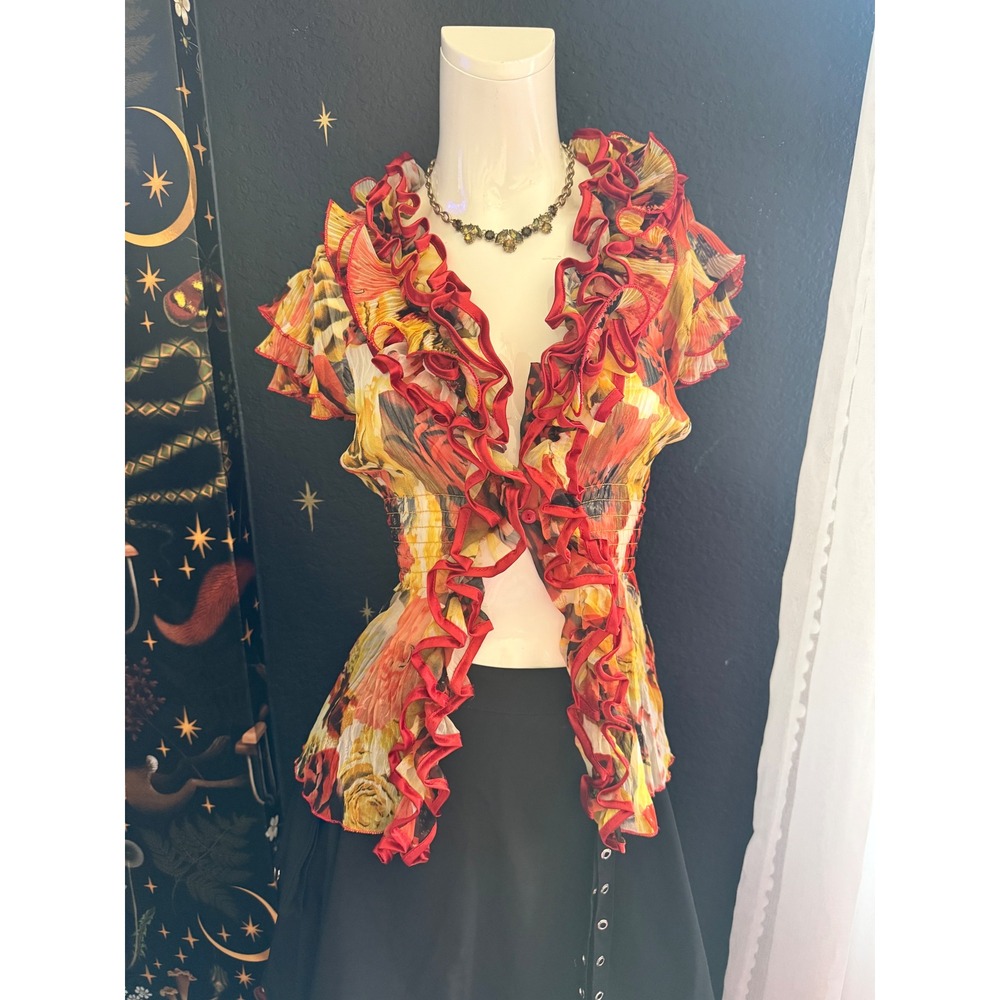 Faisca Floral Ruffle Blouse Sheer Red Yellow Smocked Waist Peplum Top
